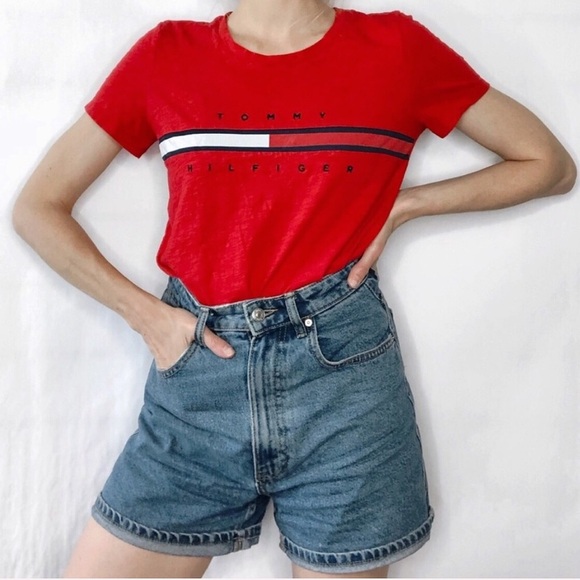 Tommy Hilfiger Flat Logo Spell Out Tee T-Shirt Red Size Small - Picture 1 of 8